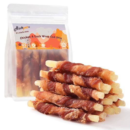 ASMPET Rawhide Free Dog Treats Chicken Jerky & Duck Wrap Cod Sticks, Healthy Treats for Dogs, Soft Chewy Healthy Natural Treats, 15pcs, 11oz